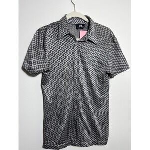 Mens Silver Black Geometric‎ Diamond Short Sleeve Button Down Shirt Size S